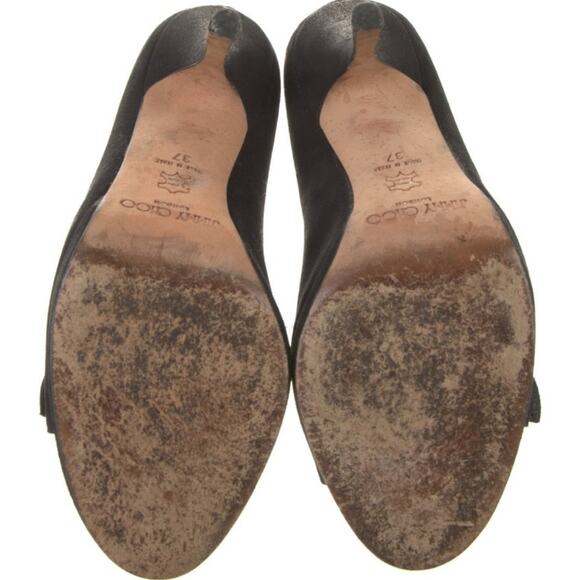 Jimmy Choo Black Leather Stiletto Heels Rhinestone Peep-Toe Shoe EU 37 - Picture 8 of 9